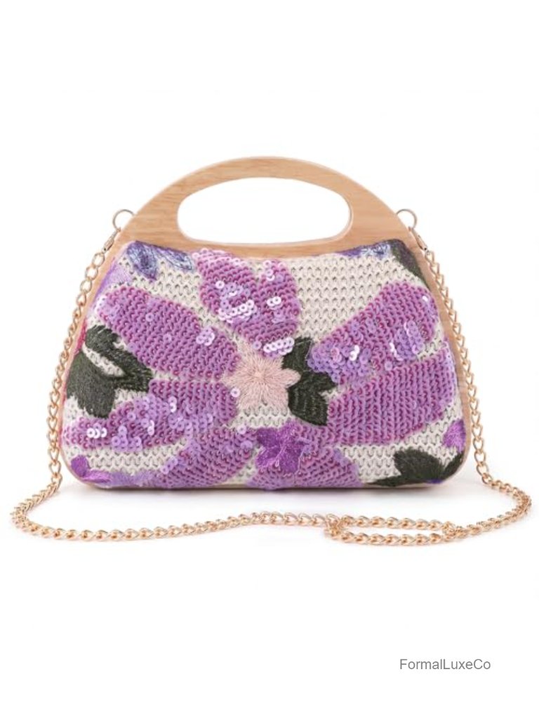 Beaded Floral Clutch Handbag Sequin Crossbody With Wooden Handle Woven Straw